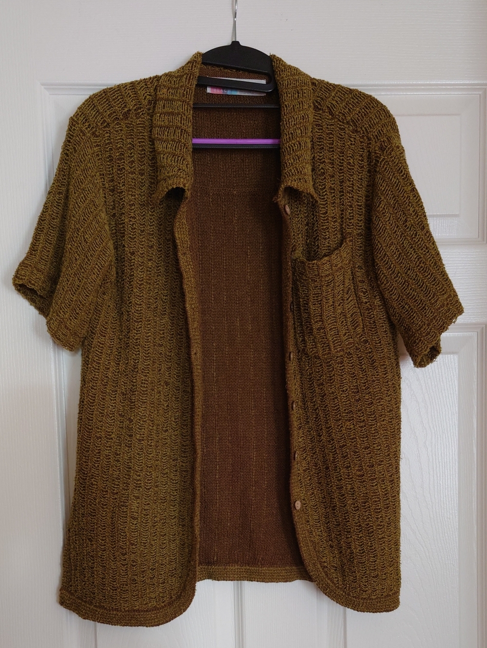 FP Short-Sleeve Knit Cardigan Sweater in Moss Green